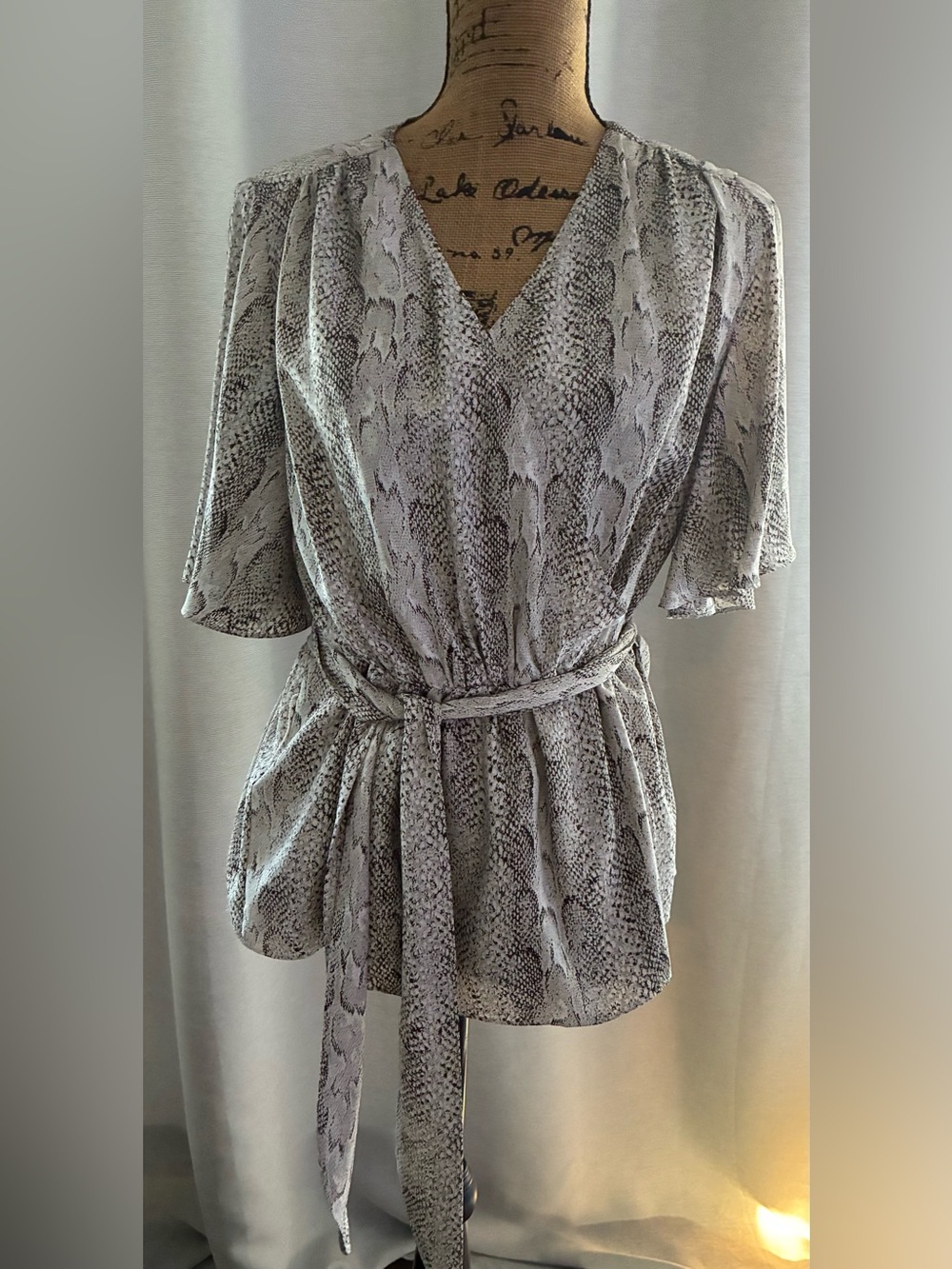 Mango Snake Print Wrap Blouse in White and Gray